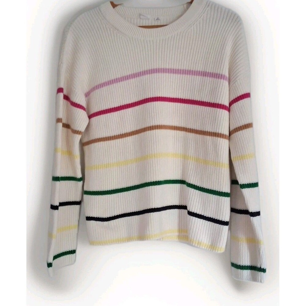 Womens Gap Ivory Multicolor Stripe 100% Cotton Chunky Knit Sweater M Y2K Preppy